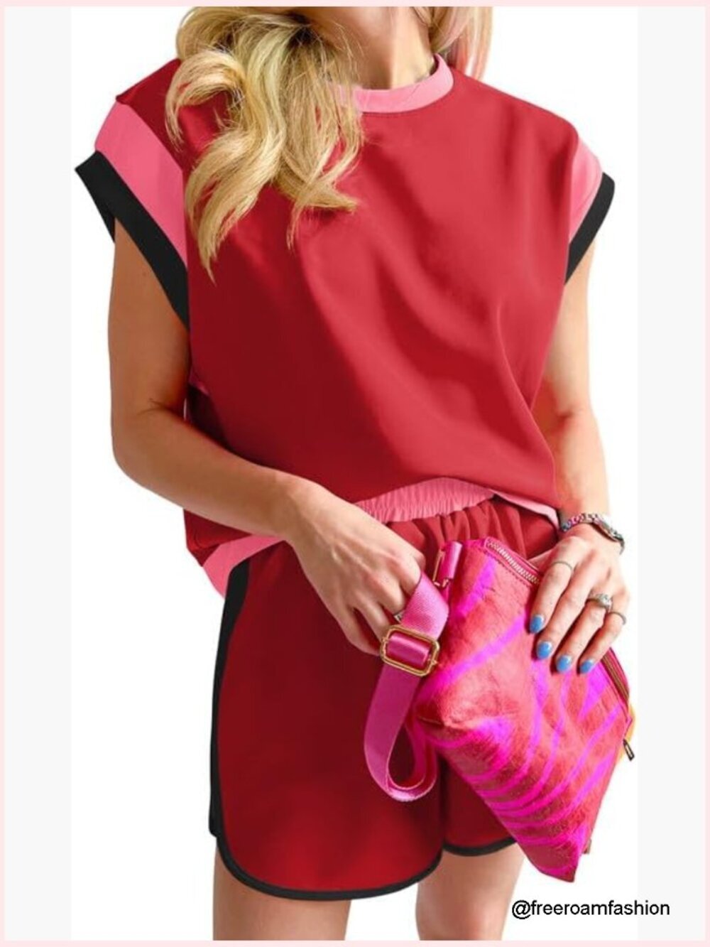 Color Block 2 Piece Short Set Workout Tracksuit with Pockets Trendy